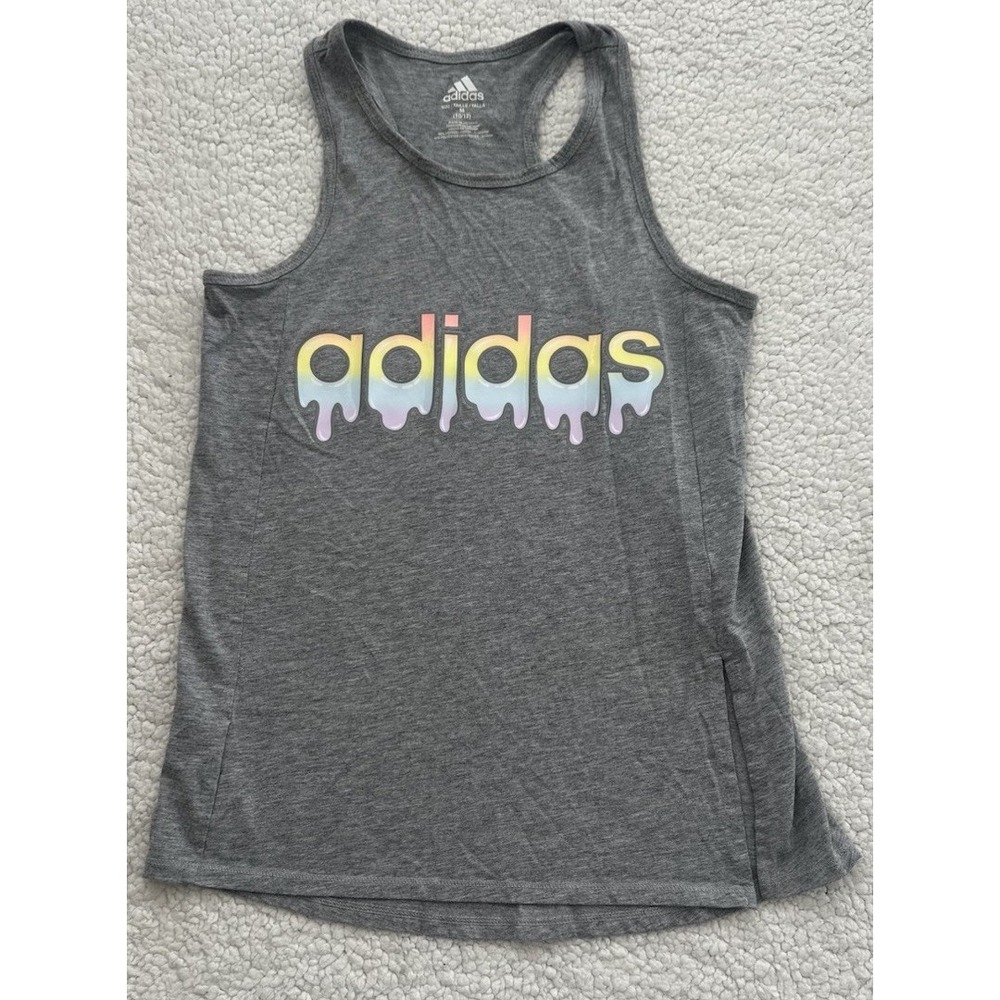 Girls Adidas Tank Top Gray Athletic Sleeveless Shirt Multicolor Logo Sz M 10/12